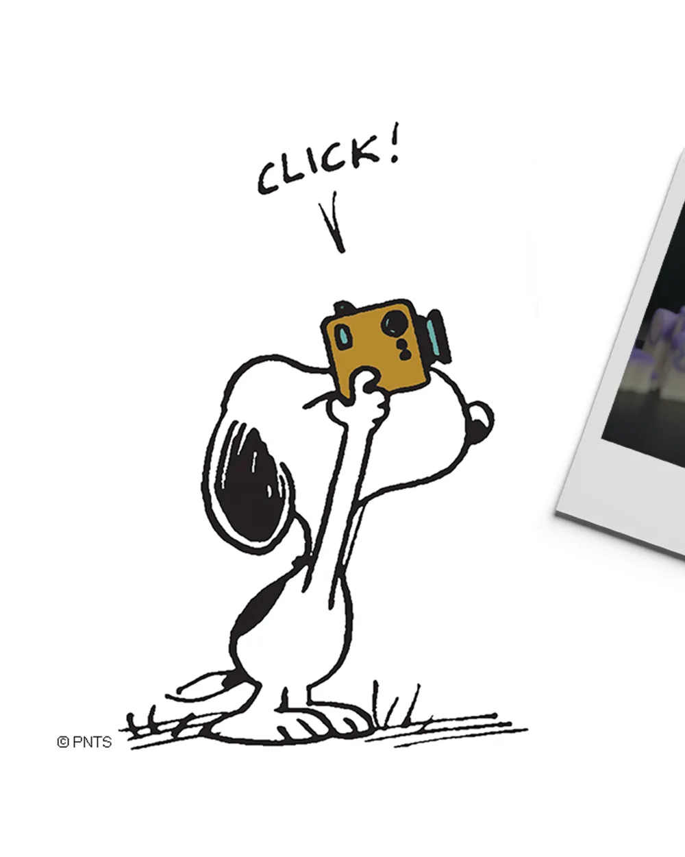 Launch carousel slide: Snoopy with a camera and a polaroid of the pendant