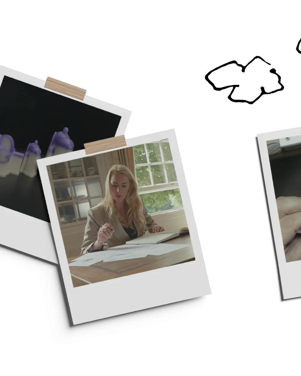 Launch carousel slide: polaroids of Alice sketching the collection at her desk