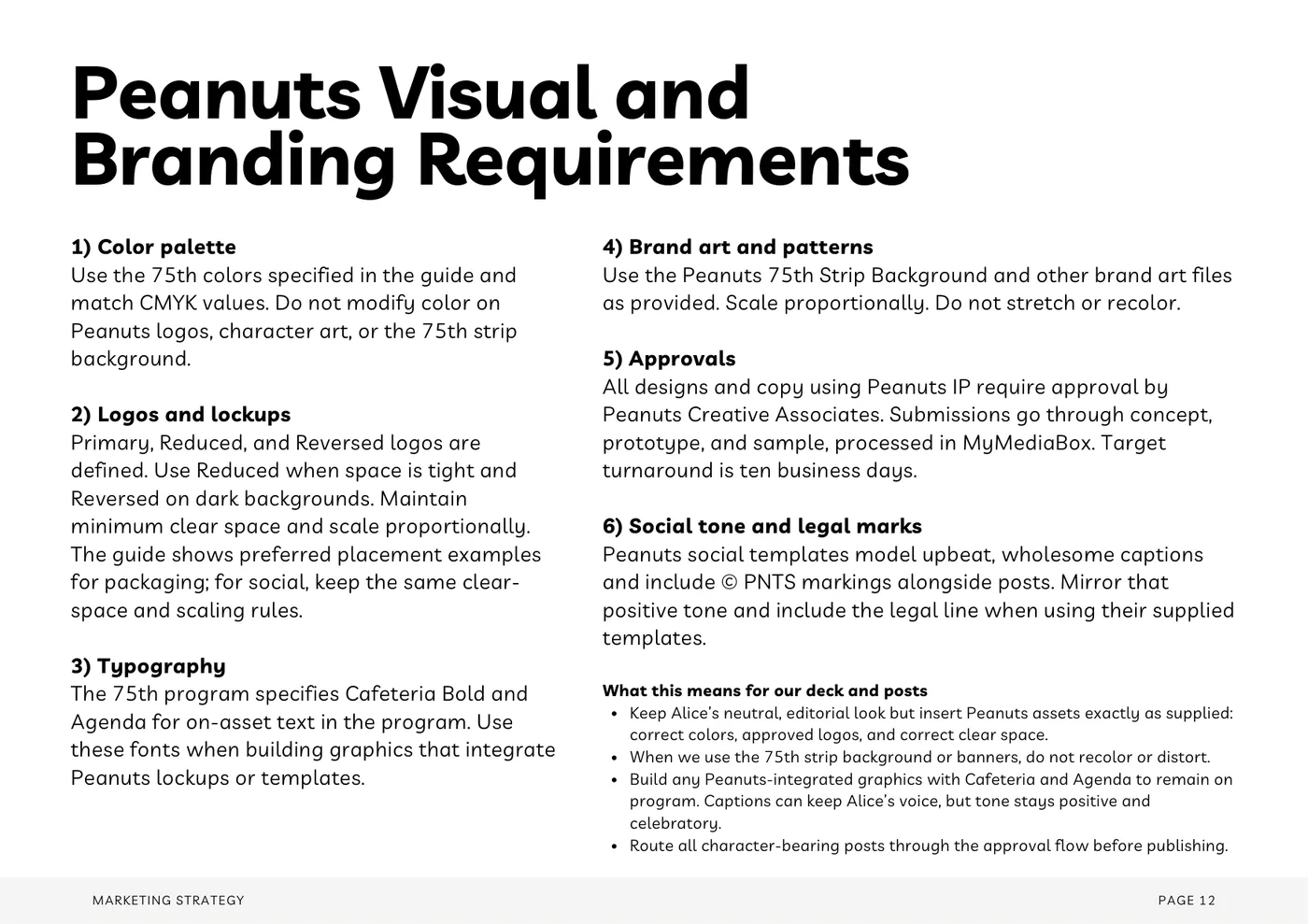 The Peanuts visual and branding requirements page from the strategy deck