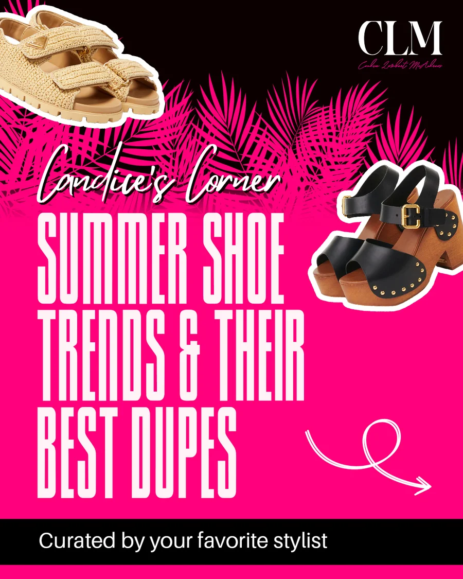 Candice's Corner Summer Shoe Trends and Best Dupes cover slide in hot pink and black