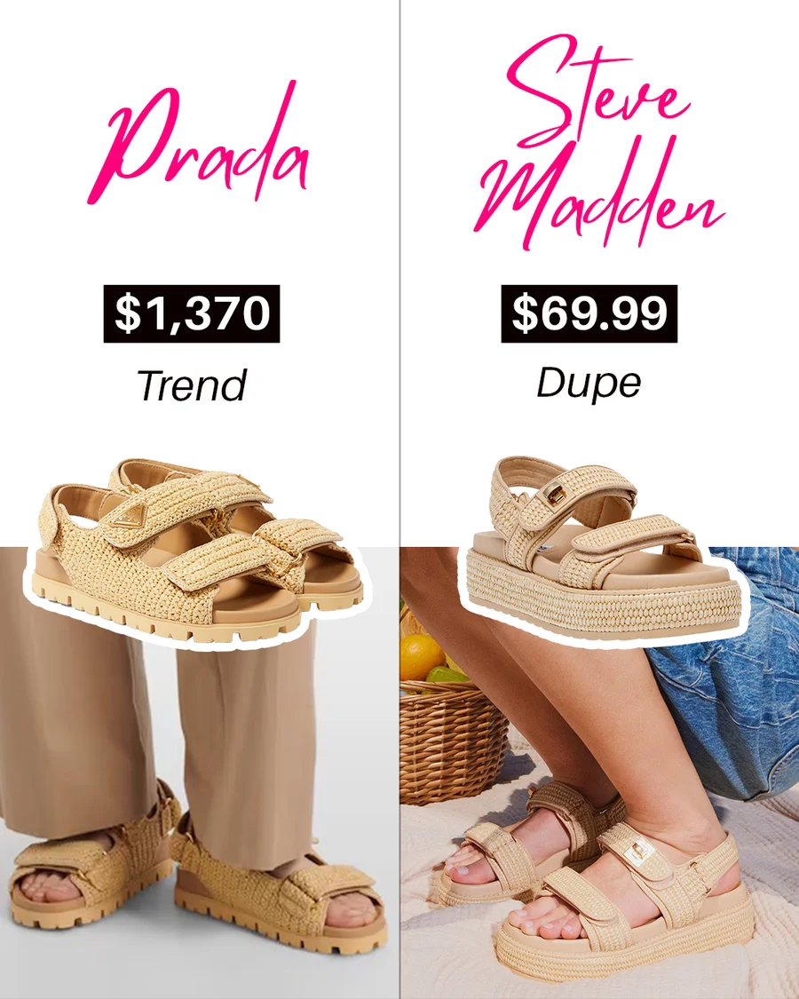 Trend versus dupe slide comparing Prada and Steve Madden sandals