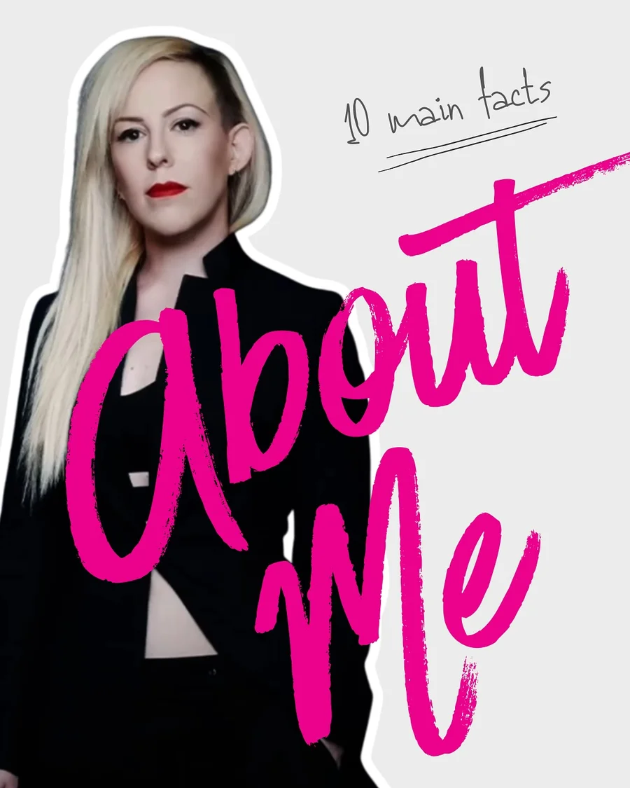 About Me carousel slide with pink script listing personal facts about Candice