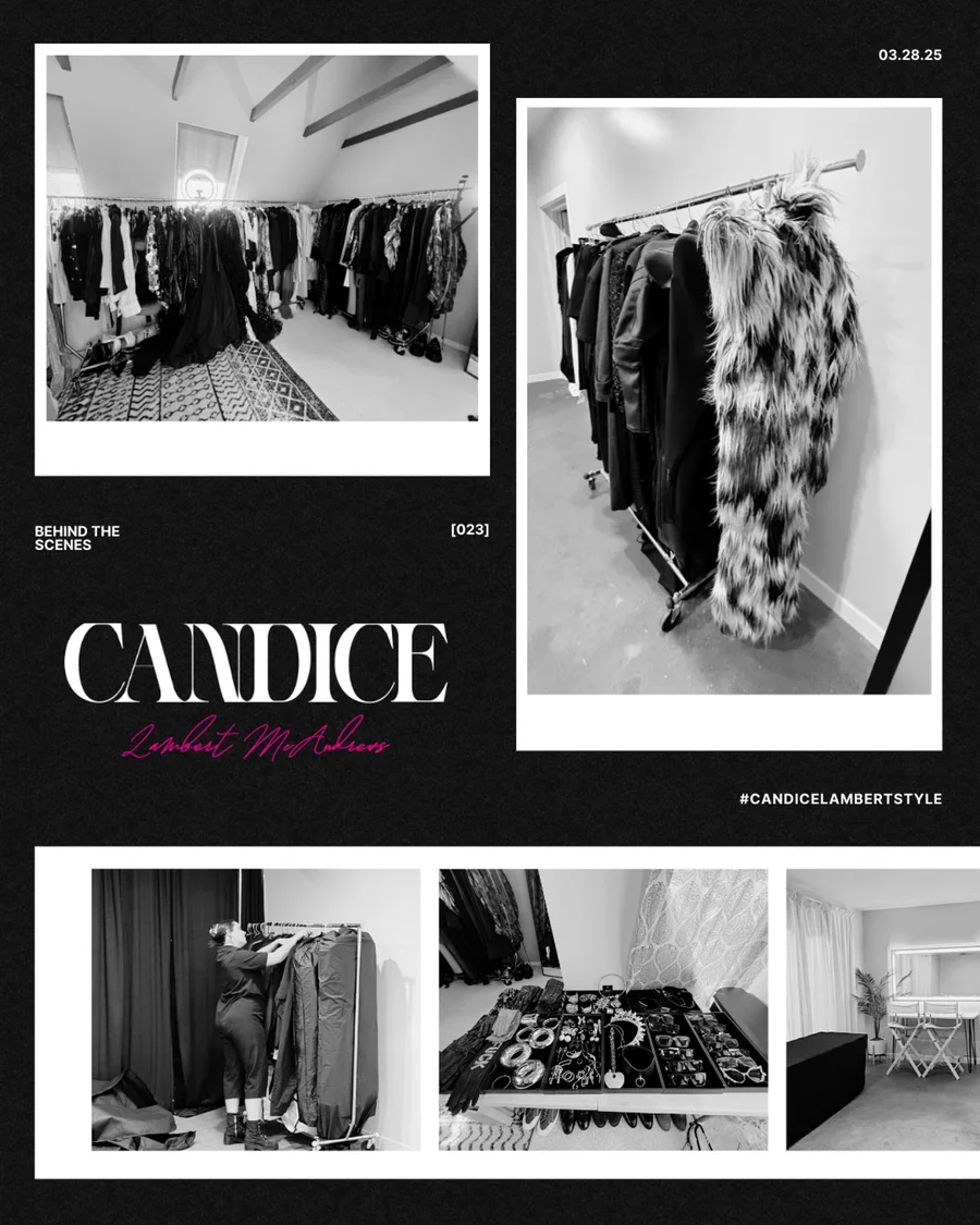 Behind the scenes wardrobe rack collage with a Candice magazine-style cover