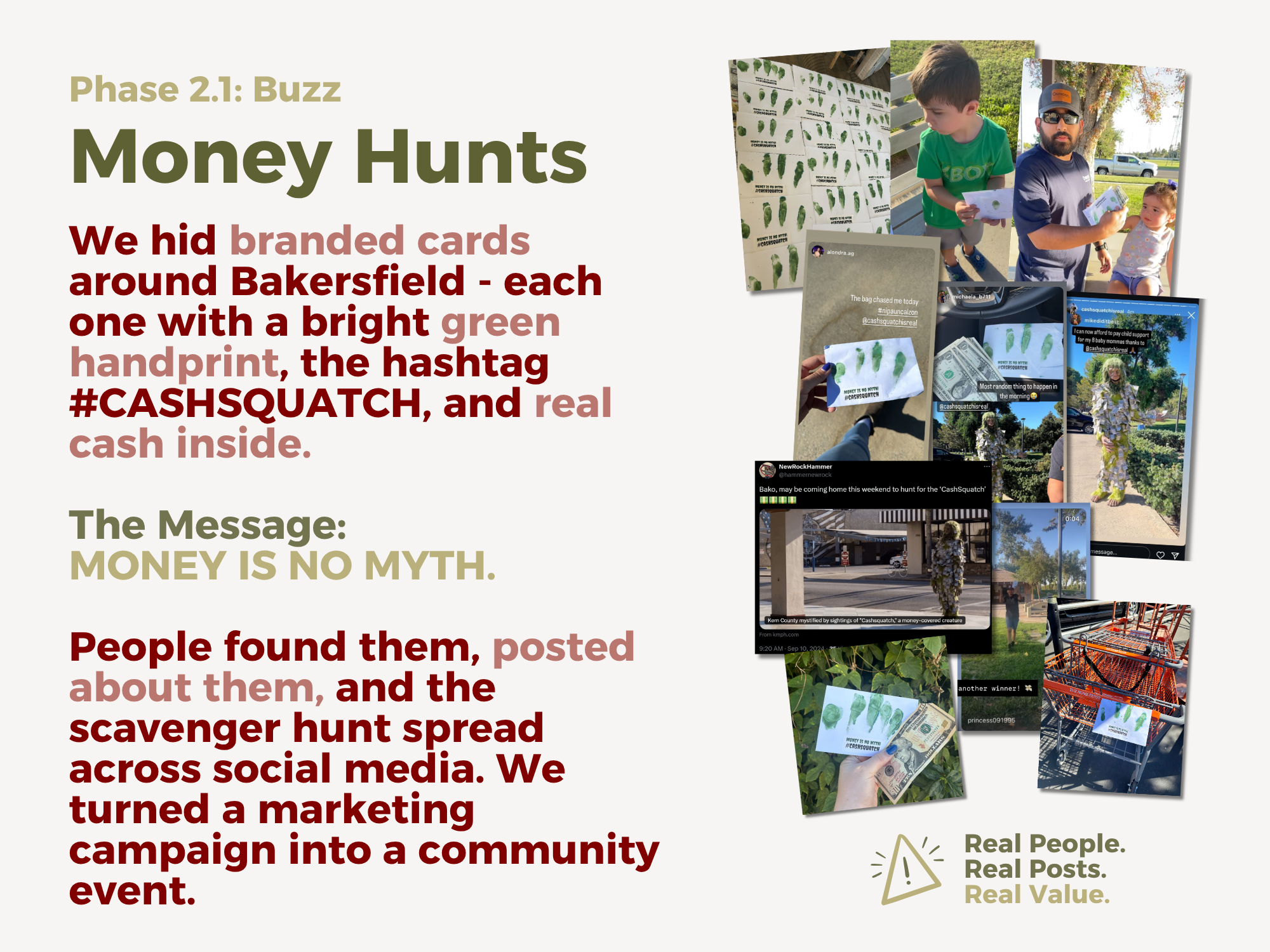 Phase 2 Money Hunts: branded cards with green footprint and real cash hidden across Bakersfield
