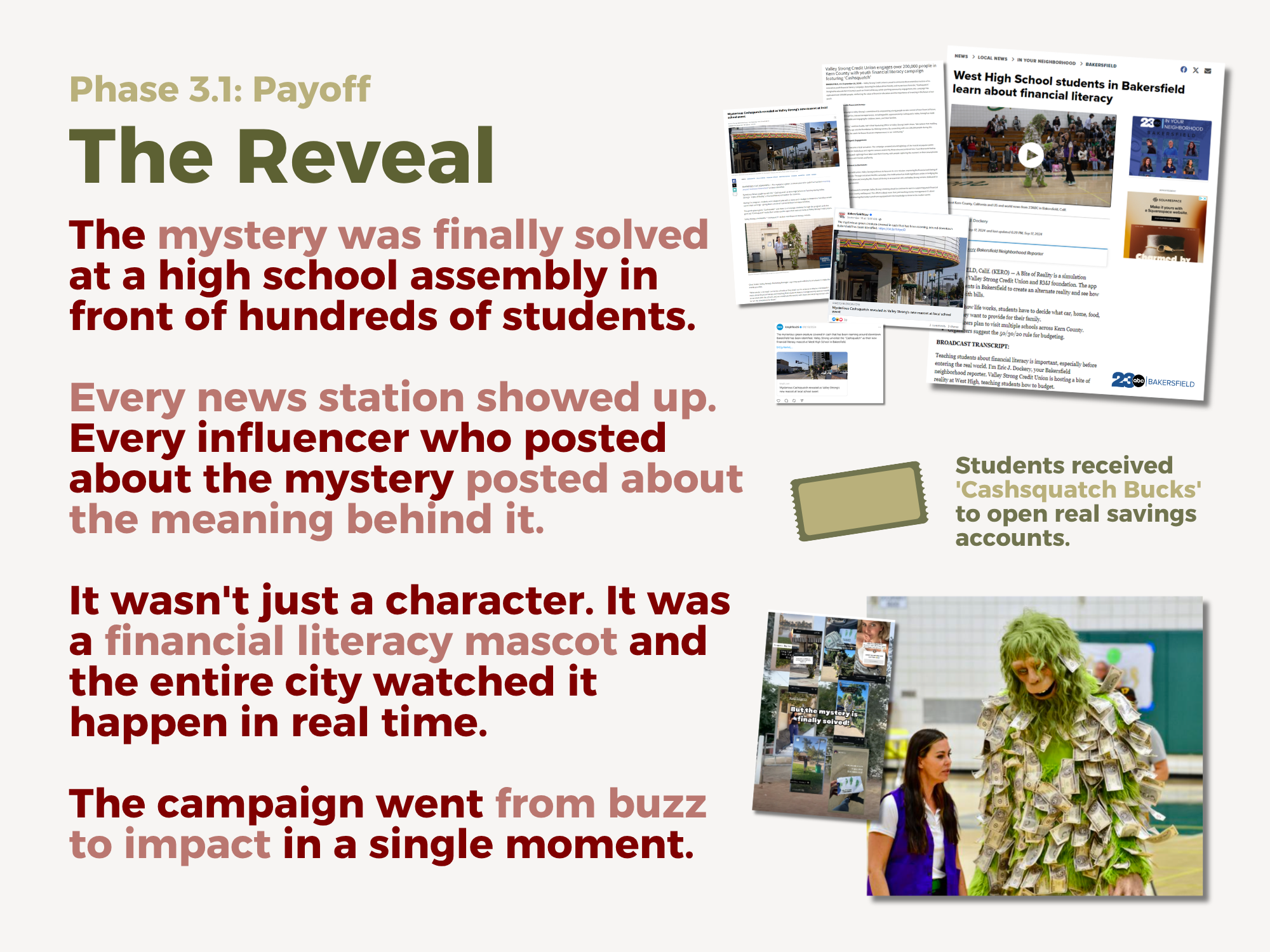 Phase 3 The Reveal: West High School Bite of Reality event unmasking Cashsquatch as the financial literacy mascot