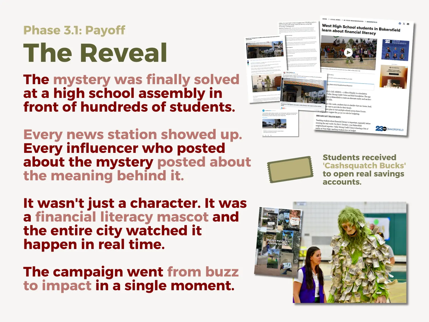 Phase 3 The Reveal: West High School Bite of Reality event unmasking Cashsquatch as the financial literacy mascot