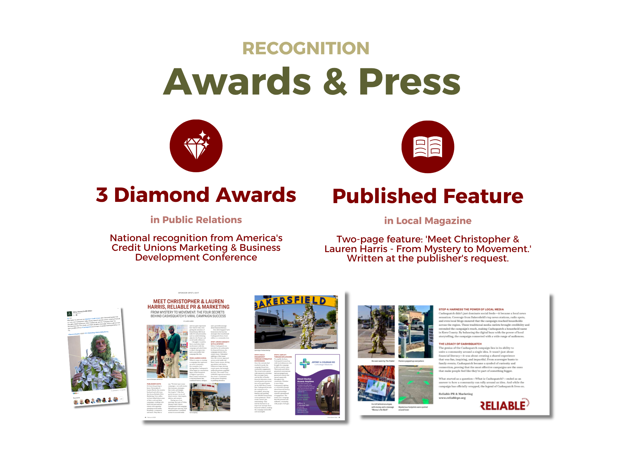 Recognition: 3 Diamond Awards in PR and the Greet Seven Oaks Magazine feature on Reliable PR