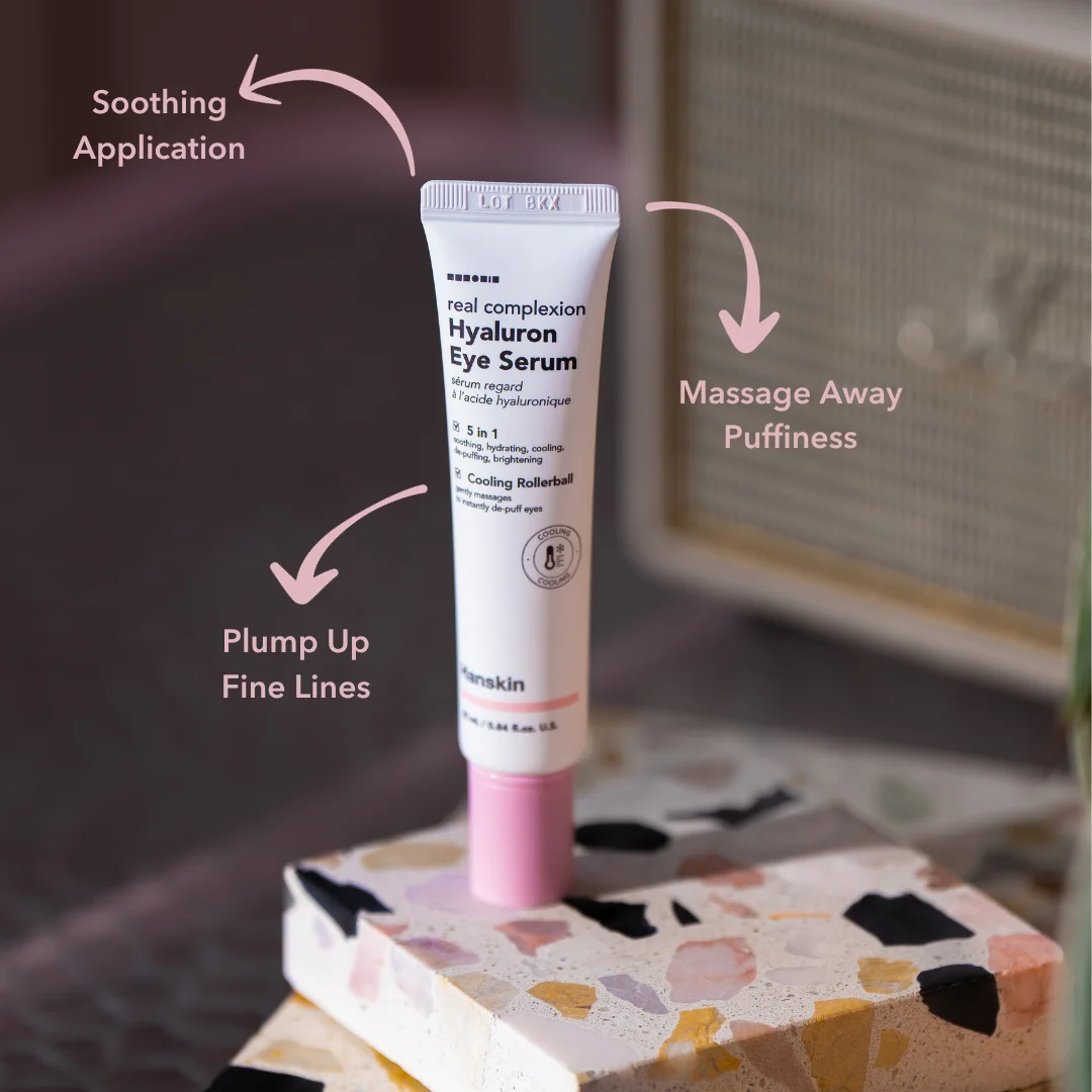 Hanskin Hyaluron Eye Serum post with soothing application callouts on a terrazzo pedestal