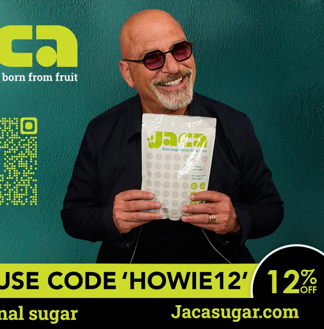 Howie Mandel holding the JACA pouch on the campaign billboard creative