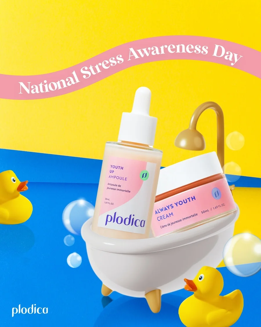 National Stress Awareness Day post: Plodica products in a miniature bathtub with rubber ducks