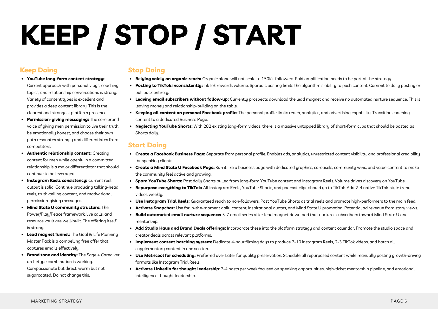 Keep / Stop / Start from Tychon strategy document
