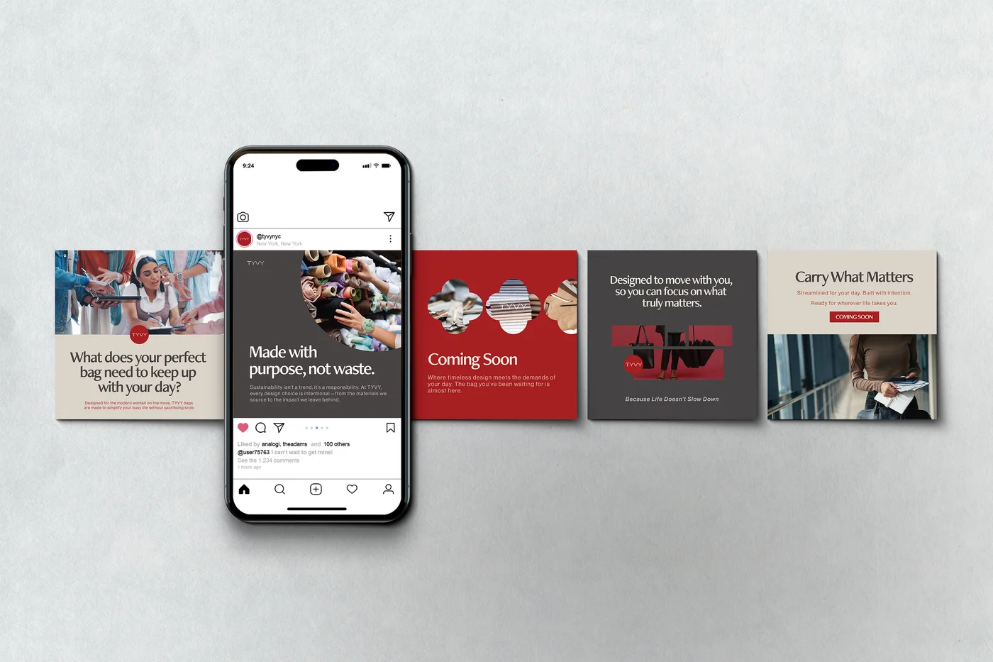 The TYVY posts mockup: a phone and carousel spread of the designed launch feed
