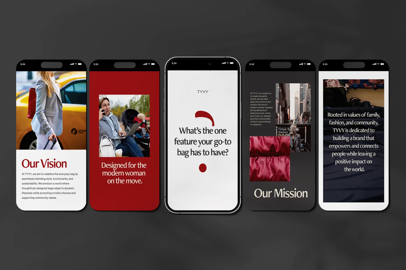 The TYVY stories mockup: five phones showing the vision, mission, and story frames