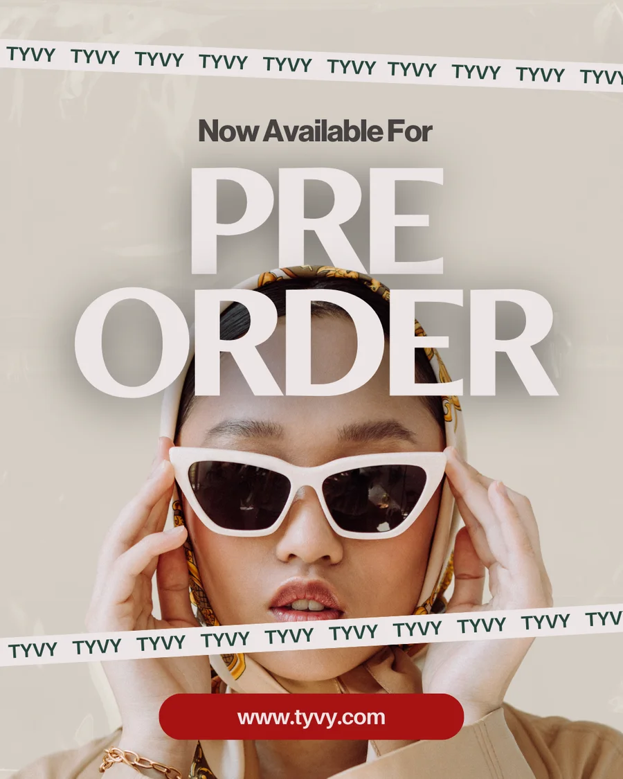 TYVY pre-order announcement post with a woman in white sunglasses